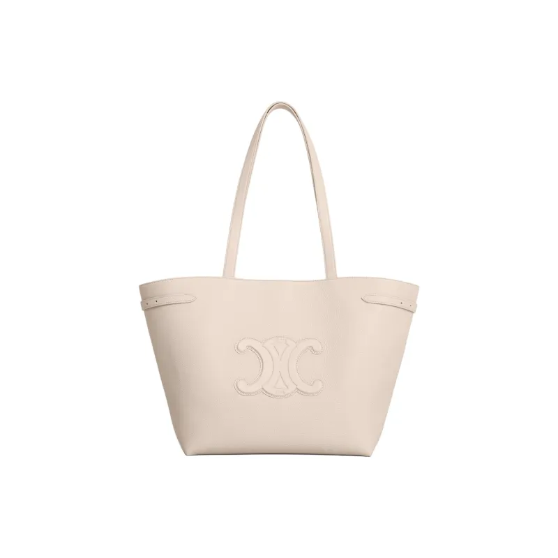 CELINE Triomphe Grain Calfskin Tote Bag, Shopping Bag, Handbag Medium Size Women's Light Beige-0