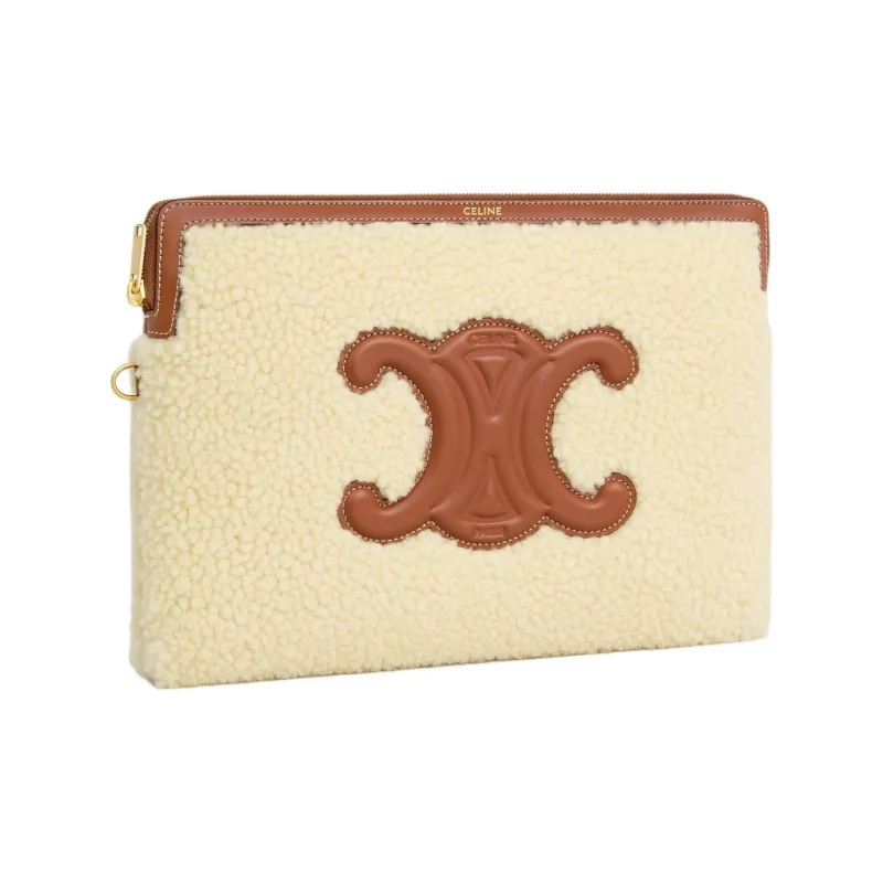 CELINE Shearling With Calfskin Trim Clutch Small Size Women's Light Umber-2