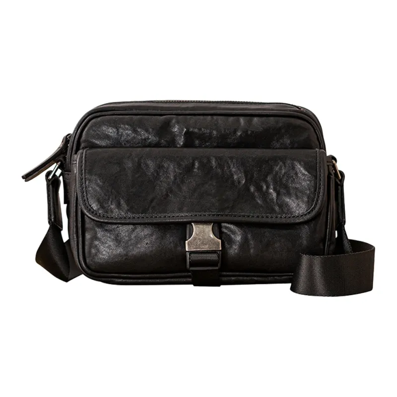 Back Step Top Grain Cow Leather Shoulder Bag, Crossbody Bag Unisex Black-1
