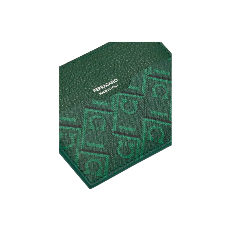 FERRAGAMO Hammered Calfskin With Coated Fabric Card Holder Men's Green Forest-3