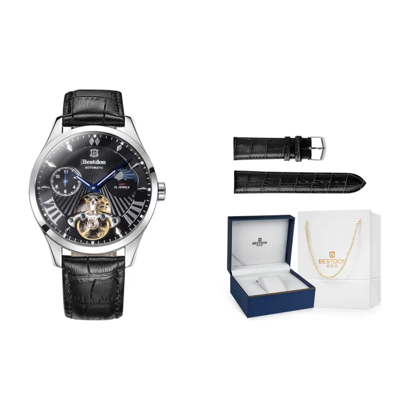 Bestdon Automatic Mechanical Movement Genuine Leather Strap Men's Watches Black Dial-8