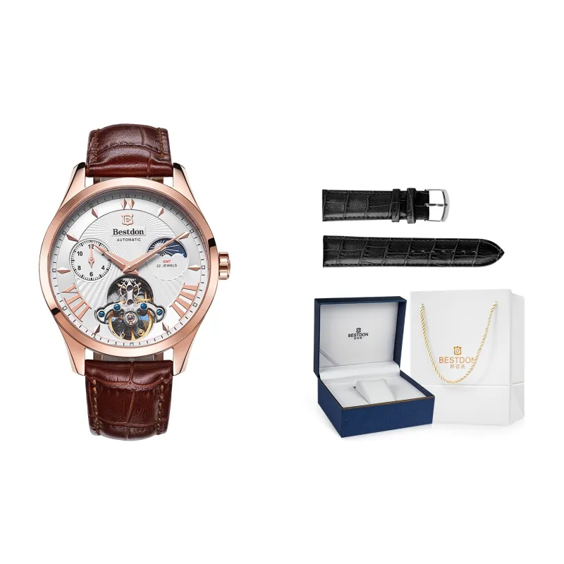 Bestdon Automatic Mechanical Movement Genuine Leather Strap Men's Watches Black Dial-3