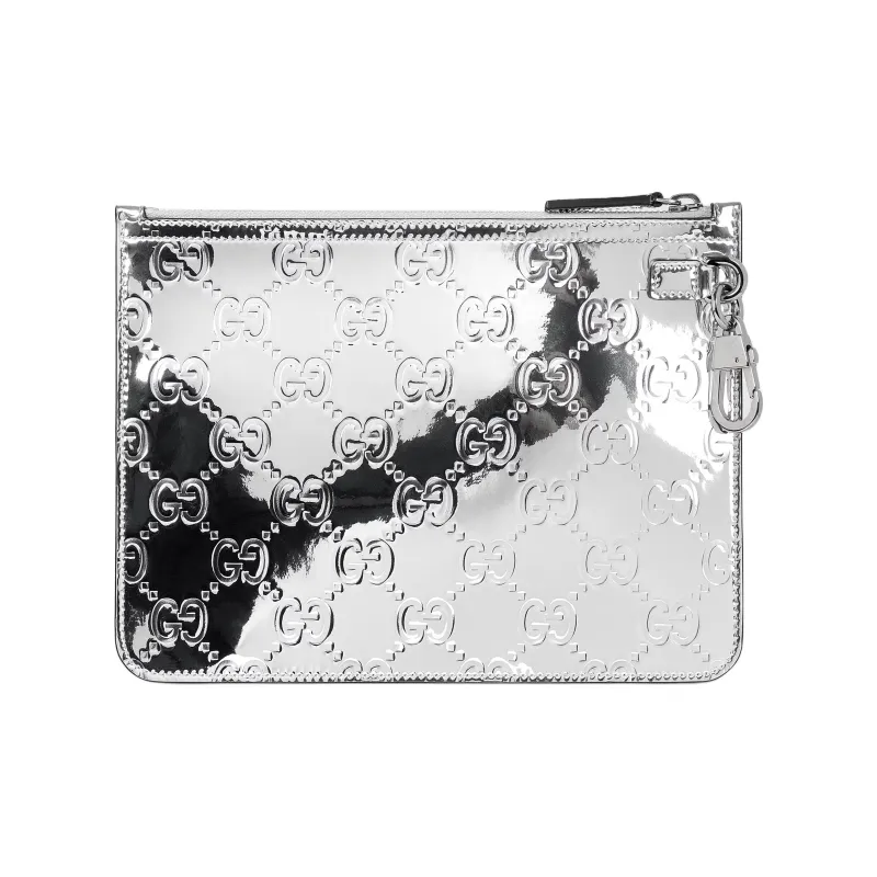 GUCCI Mirror Finish Effect Fabric Clutch Medium Size Unisex Metal Silver-3