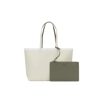 LACOSTE PVC Tote Bag Shopping Bag Handbag Large Size Women's Ecru & Olive Green