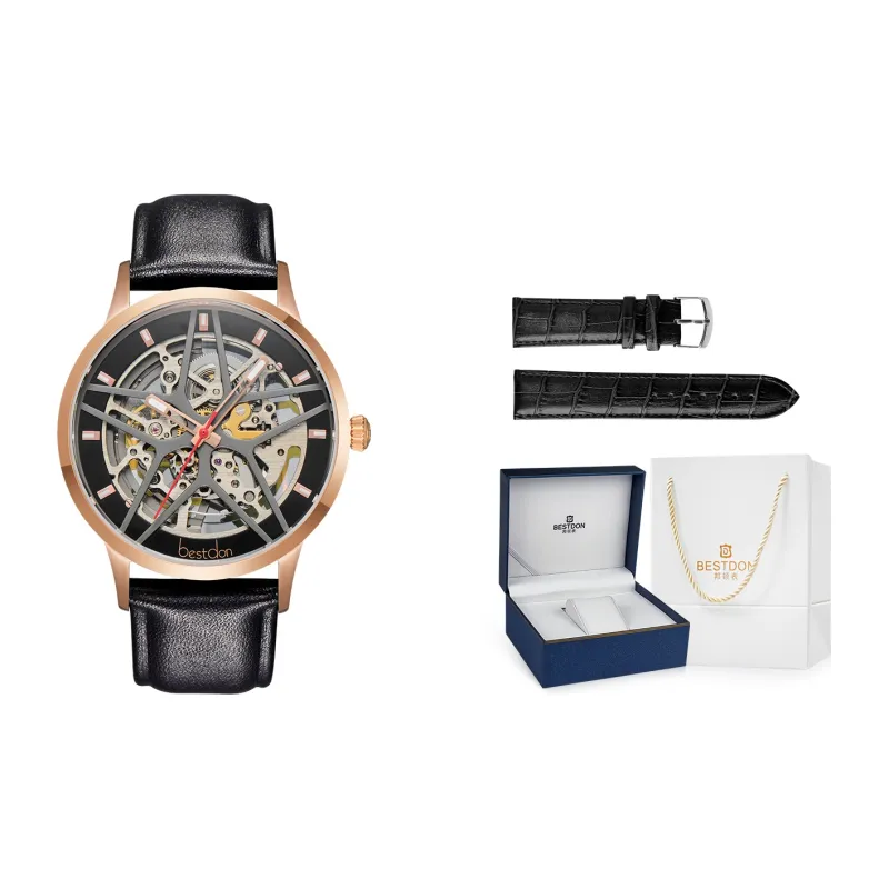 Bestdon Automatic Mechanical Movement Genuine Leather Strap Watch Men's Watches Black Dial-2
