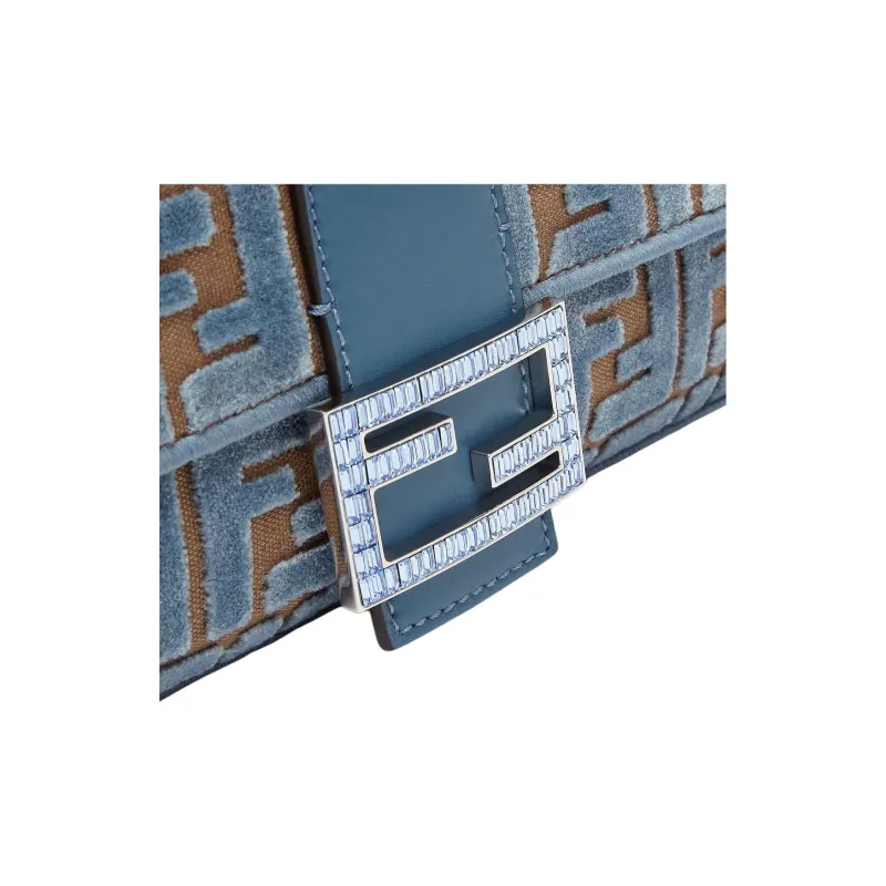 FENDI Baguette Velvet Shoulder Bag Crossbody Bag Handbag Medium Size Women's Light Blue-4