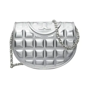 TORY BURCH Fleming Leather Shoulder Bag, Crossbody Bag Mini Women's Silver