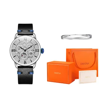 DAVENA Dotted Eye Collection Mechanical Movement Genuine Leather Strap Watch Women's Watch Silver Dial