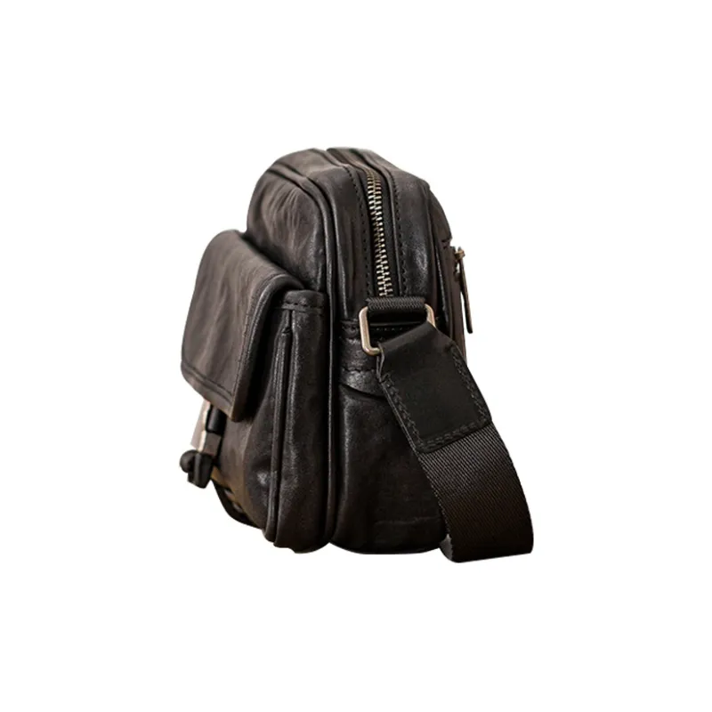 Back Step Top Grain Cow Leather Shoulder Bag, Crossbody Bag Unisex Black-3