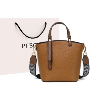 PT'SON Cow Leather Bucket Bag, One Shoulder Handbag Tubas Women's Caramel
