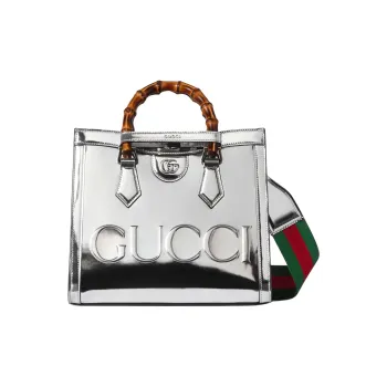GUCCI Leather Tote Bag Shopping Bag Crossbody One Shoulder Handbags Small Size Women's Silver