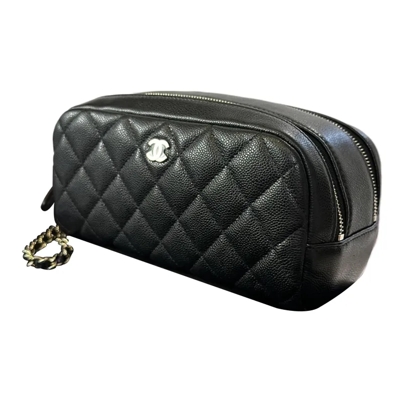CHANEL Litchi Grain Embossed Cow Leather Makeup Bag, Toiletry Bag Women's Black-1