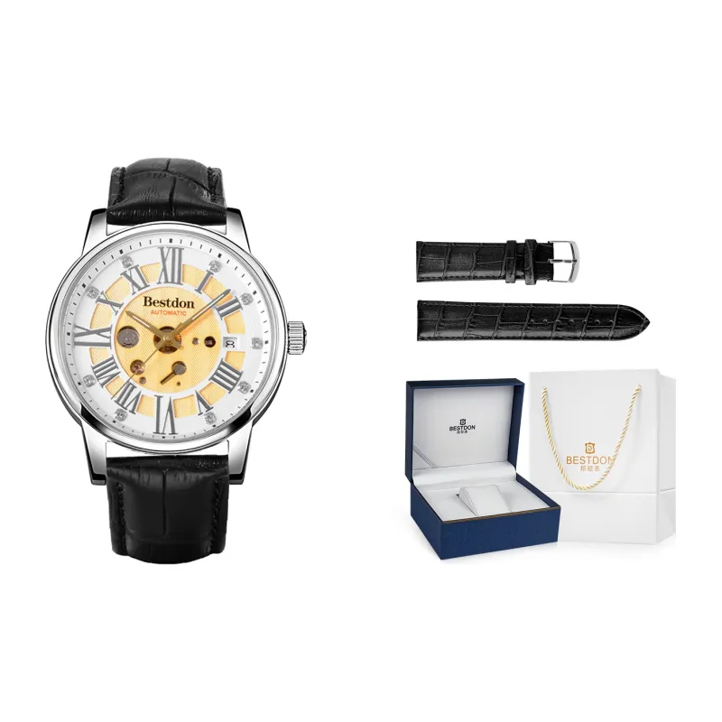 Bestdon Automatic Mechanical Movement Cowhide Strap Watch Men's Watches Gold Dial-4