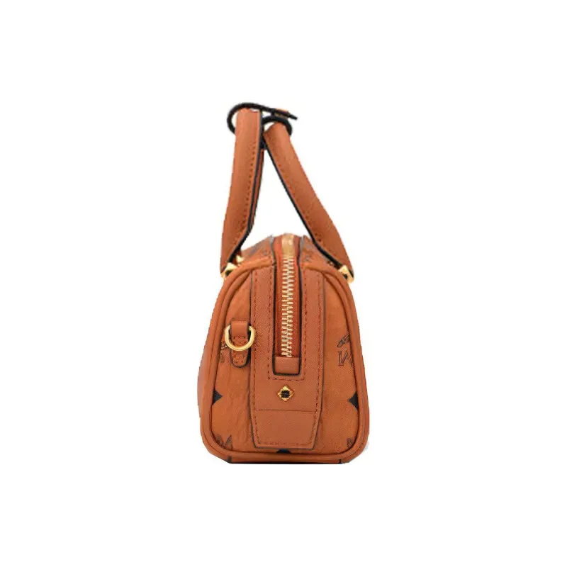 MCM Essential Visetos Origina Leather Boston Bag, Shoulder Bag, Crossbody Bag, Handbag Mini Women's Brown Cognac-2