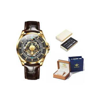 Oupinke Sky Eye Collection Mechanical Movement Leather Watch Bands Watch Men's Watches Black Dial