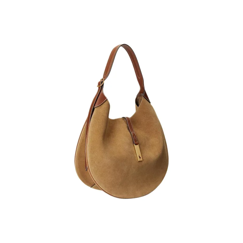 Polo Ralph Lauren Polo ID Suede Handbag Shoulder Bag Medium Size Women's Light Brown-1