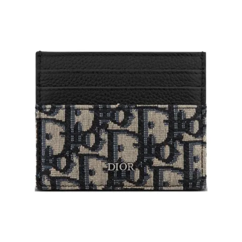DIOR Embroidered Jacquard With Calfskin Card Clip Card Holder Men's Beige And Black
