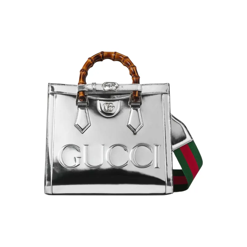 GUCCI Leather Tote Bag Shopping Bag Crossbody One Shoulder Handbags Small Size Women's Silver-2