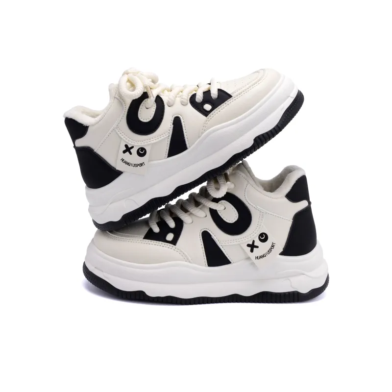 HUANQIU Height Increasing, Slip Resistant, Abrasion Resistant High Top Skateboard Shoes Women's Beige Black-4