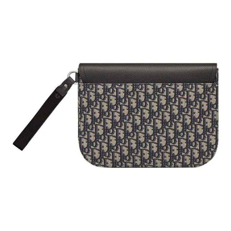 DIOR Oblique Print With Grain Cow Leather Clutch Men's Black/Beige-3