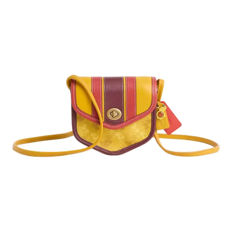COACH Turnlock Coated Canvas With Calfskin Shoulder Bag Crossbody Bag Mini Unisex Brass Stacked Ochre Multicolor-0