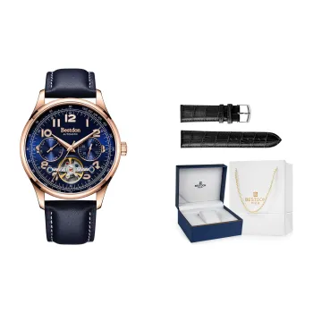 Bestdon Automatic Mechanical Movement Genuine Leather Strap Watch Men's Watches Blue Dial