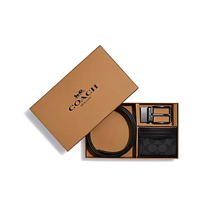 COACH Boxed Coated Canvas With Refined Cow Leather Belt Card Holder Men's Bronze/Charcoal/Black-4