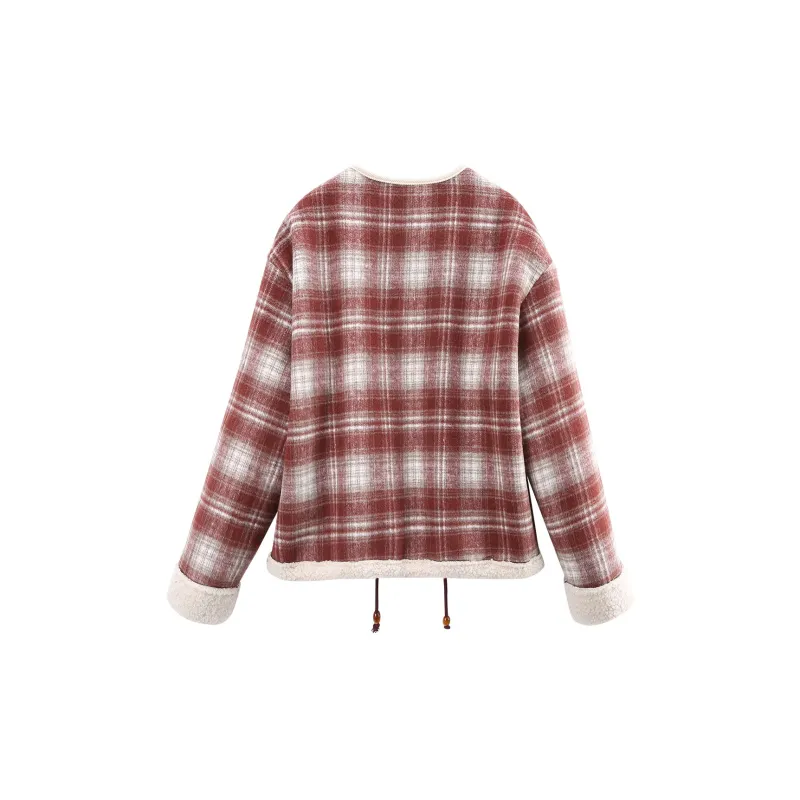 A Paradise For Awakening Cropped Coats Women's Red Plaid-1