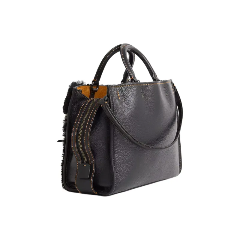 COACH Rogue Shearling Bonded Leather Shoulder Bag Crossbody Bag Handbag Large Size Women's Tin/Black-1
