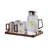 Walnut Wood Rattan Teapot+4-Pack Rattan Cups+Gold Handle Tray