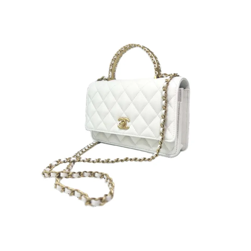 CHANEL 24A Gold Buckle Calfskin Handbag Crossbody Chain Bag Women's White-1