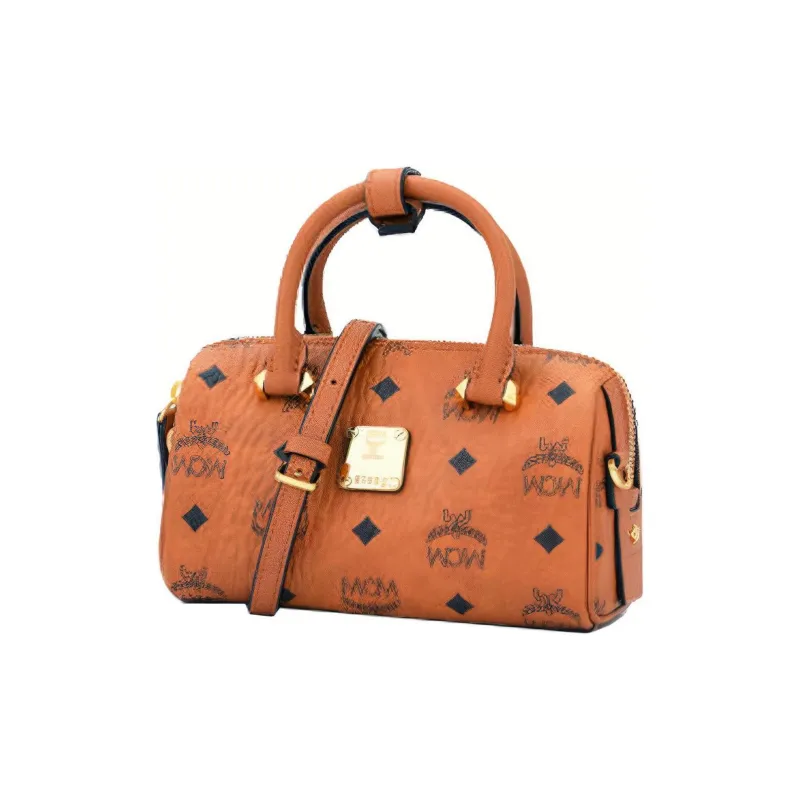 MCM Essential Visetos Origina Leather Boston Bag, Shoulder Bag, Crossbody Bag, Handbag Mini Women's Brown Cognac-1