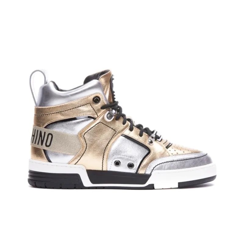 MOSCHINO High Top Stylish Skateboarding Shoes Men's Silver Gold-1
