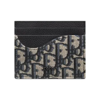 DIOR Oblique Jacquard Fabric With Grain Calfskin Card Holder Men's Black/Beige