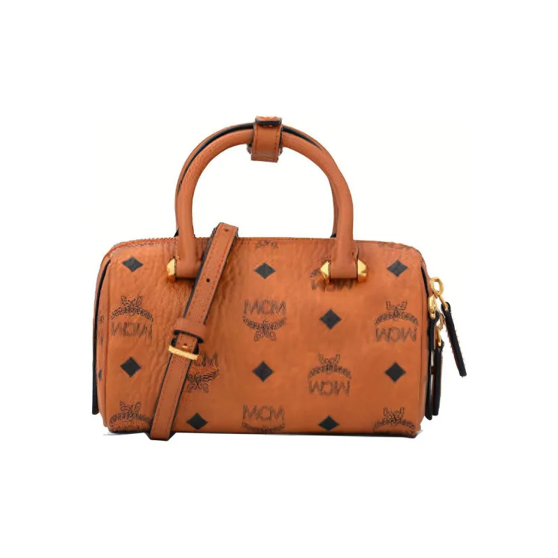 MCM Essential Visetos Origina Leather Boston Bag, Shoulder Bag, Crossbody Bag, Handbag Mini Women's Brown Cognac-3