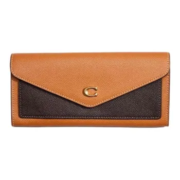 COACH Wyn Cross-Stitch Leather Wallet Small Size Women's Light Camel With Dark Brown