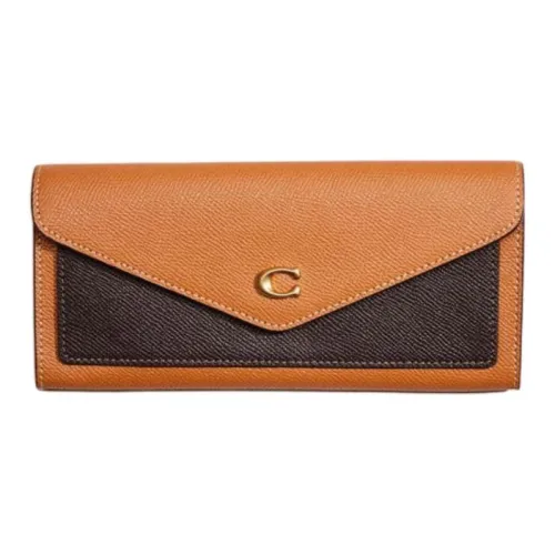 COACH Wyn Cross-Stitch Leather Wallet Small Size Women's Light Camel With Dark Brown