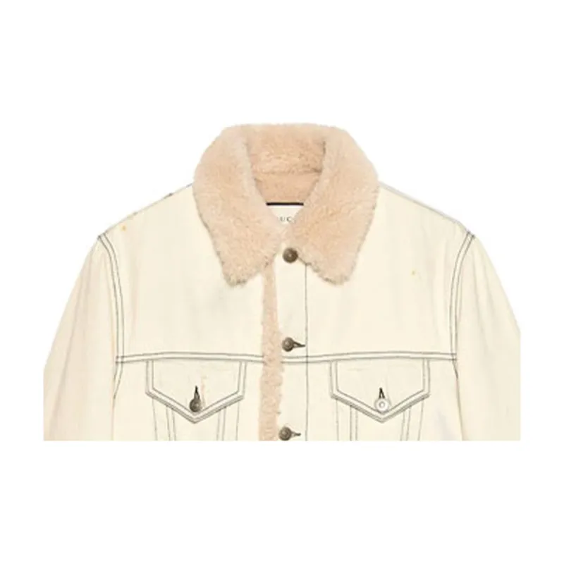 GUCCI Shearling Lined Denim Jacket With Sketch Snake Print-4