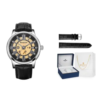 Bestdon Automatic Mechanical Movement Cowhide Strap Watch Men's Watches Gold Dial