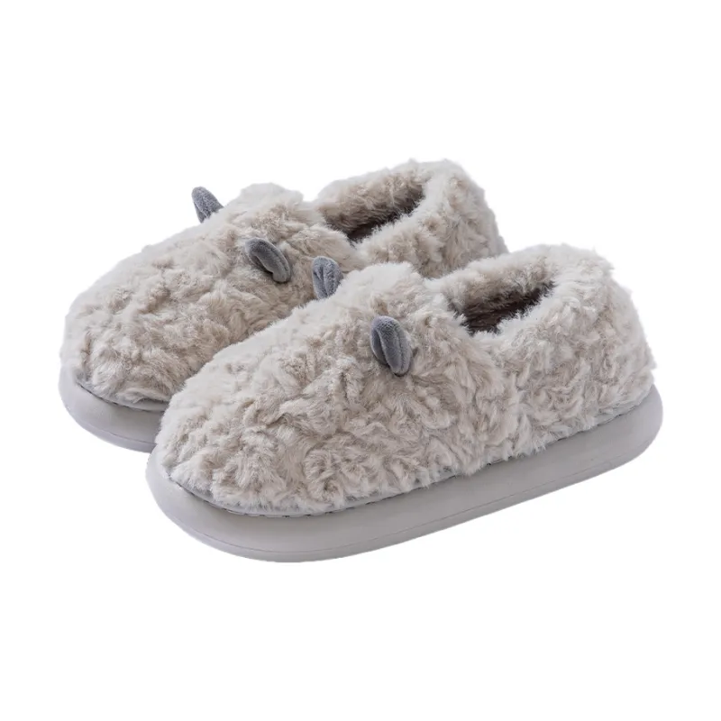 Foot Recreation 3D Effect Small Ears Solid Color Fleece Slippers Winter Home Indoor Warm Cotton Home Slippers Unisex-28