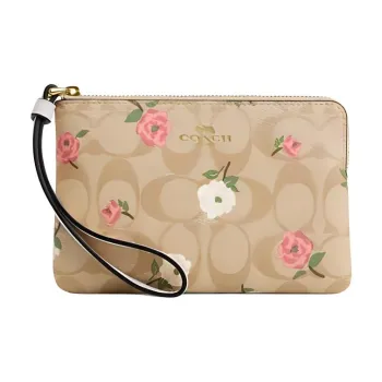 COACH Corner Zip Canvas Clutch Small Size Women's Gold & Light Khaki Chalk Multicolor