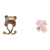 Khaki Bear Hat+Pink Bear Scarf