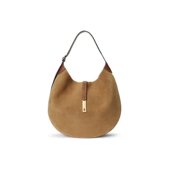 Polo Ralph Lauren Polo ID Suede Handbag Shoulder Bag Medium Size Women's Light Brown