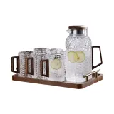 Walnut Wood Rattan Teapot+6-Pack Rattan Cups+Gold Handle Tray