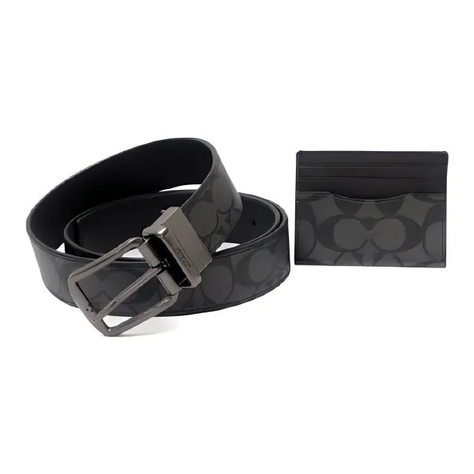COACH Boxed Coated Canvas With Refined Cow Leather Belt Card Holder Men's Bronze/Charcoal/Black-2