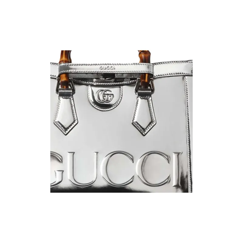 GUCCI Leather Tote Bag Shopping Bag Crossbody One Shoulder Handbags Small Size Women's Silver-8