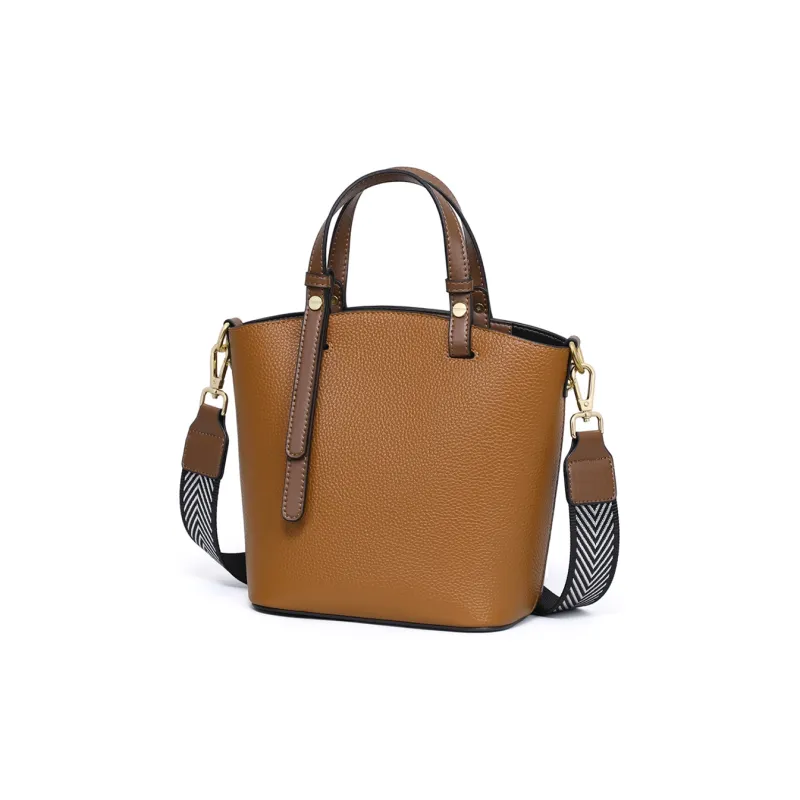 PT'SON Cow Leather Bucket Bag, One Shoulder Handbag Tubas Women's Caramel-3