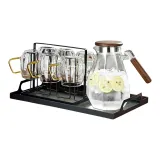 Transparent Teapot+6 Cups+Cup Holder+Black Tray