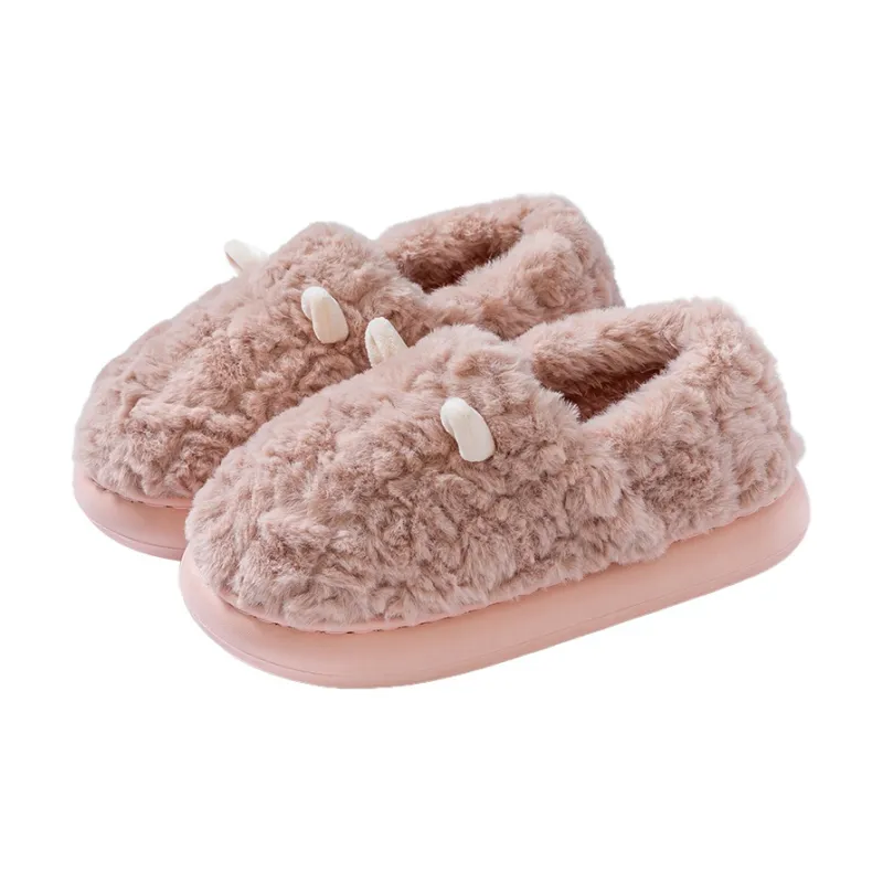 Foot Recreation 3D Effect Small Ears Solid Color Fleece Slippers Winter Home Indoor Warm Cotton Home Slippers Unisex-14