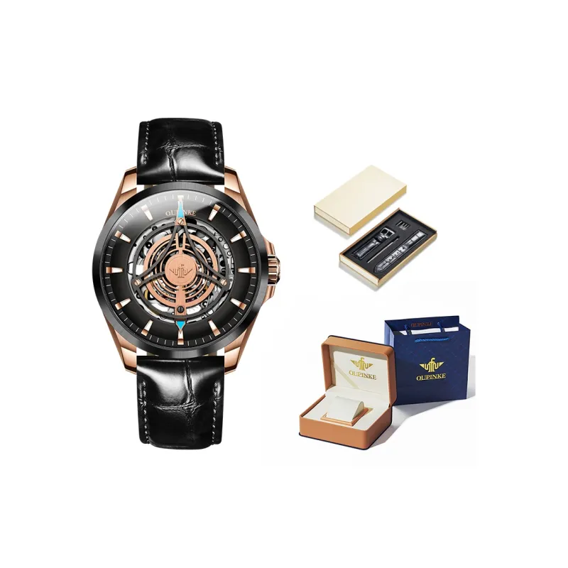 Oupinke Sky Eye Collection Mechanical Movement Leather Watch Bands Watch Men's Watches Black Dial-4